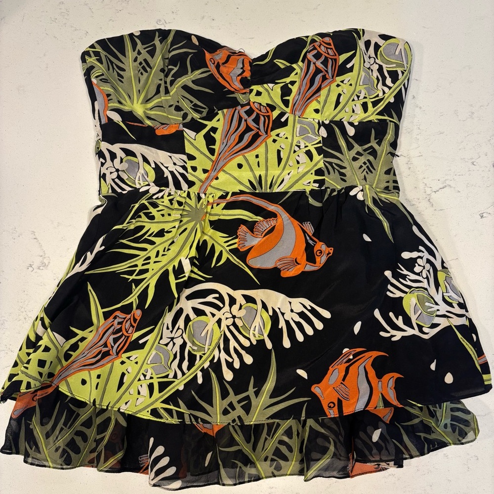 Anthropologie Y2K Tropical Fish Print Strapless Dress